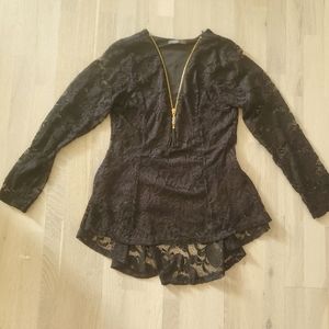 Black Lace High-Low Peplum Style Long Sleeve Top